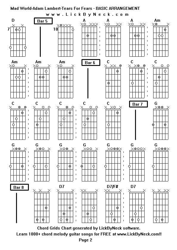 Chord Grids Chart of chord melody fingerstyle guitar song-Mad World-Adam Lambert-Tears For Fears - BASIC ARRANGEMENT,generated by LickByNeck software.